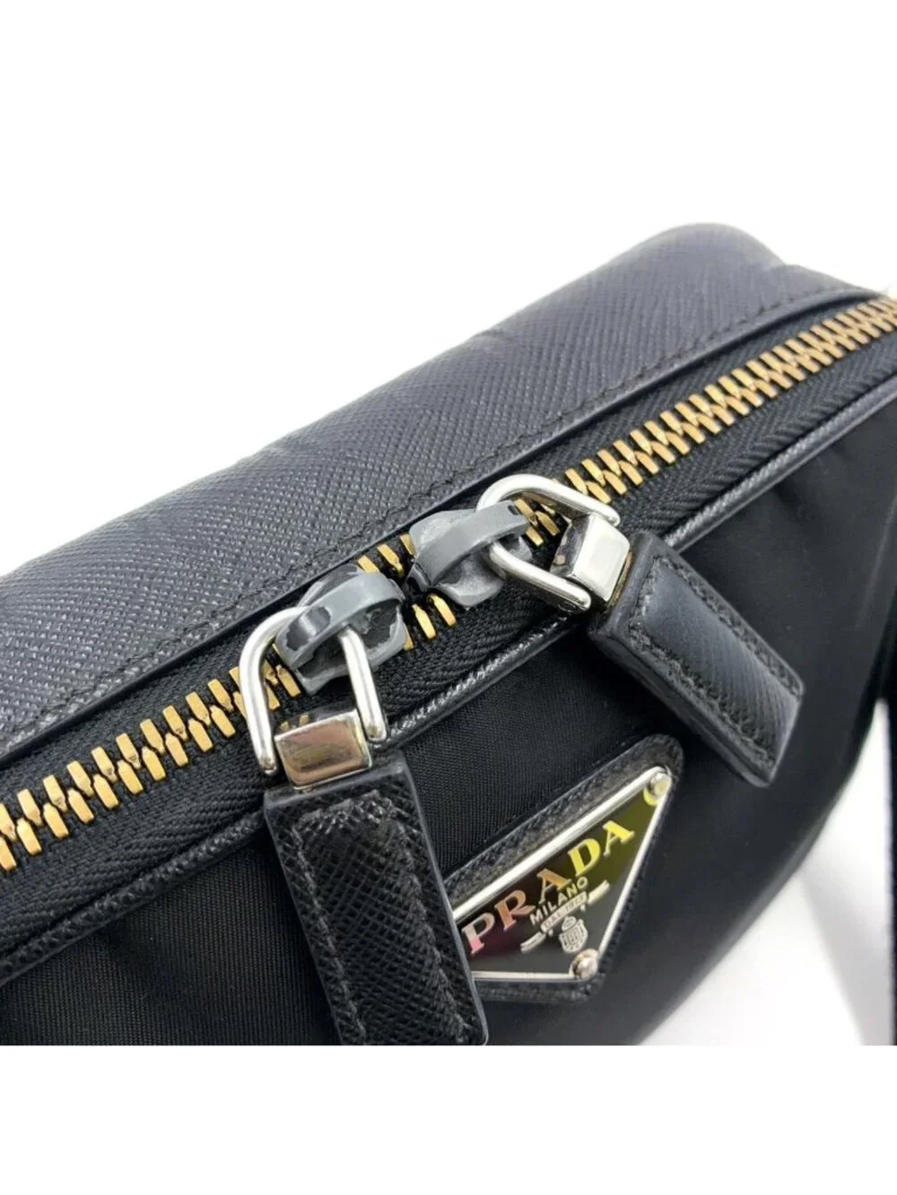 Prada Brick Re-Nylon Leather Nylon Black Shoulder Bag Silver